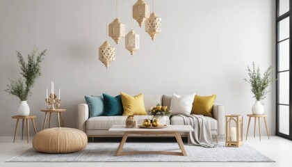 Serene Living Room Decor: Modern Minimalist Interior Design with Elegant Gold Accents and Neutral Color Palette