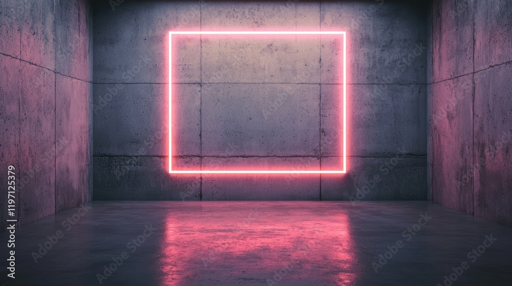 Poster empty concrete room with glowing neon frame illuminating floor