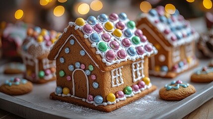 A gingerbread house decorated with colorful candies, festive and whimsical, holiday treat, detailed scene, warm ligh