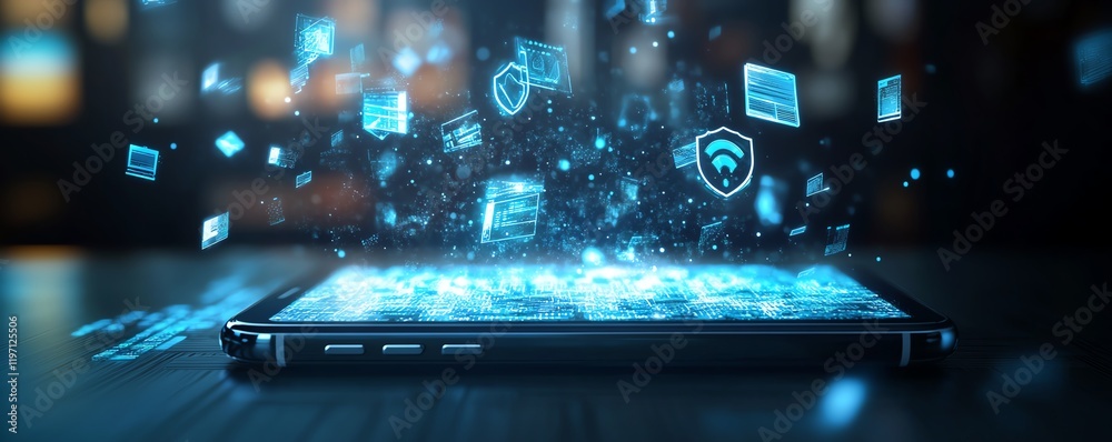 Poster Futuristic cloud storage with a smartphone and floating holographic icons of files, data, and security shields symbolizing secure digital storage