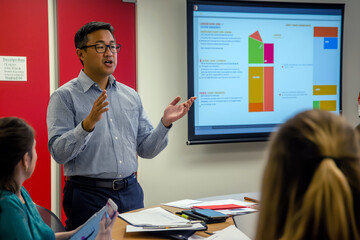 Corporate trainer explaining concepts using colorful slides during a professional development session, modern workspace.