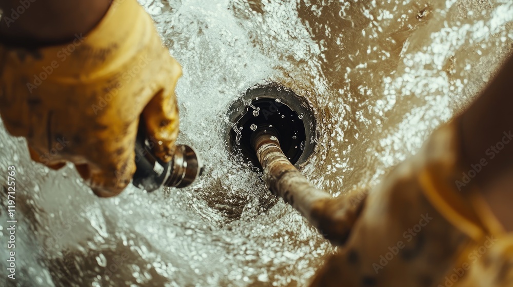 Poster a plumbing service technician inspects a clogged drain using a camera, clearing it with precision to
