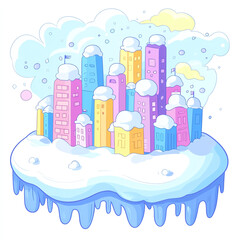 Obraz premium A whimsical illustration of colorful buildings covered in snow, creating a playful winter urban landscape.