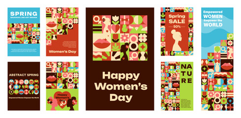 Geometric Set of Posters, Banners for Women Day with Text, Nature, and Feminine Motifs