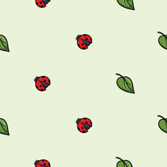 Bright spring seamless pattern with beetle, ladybug and green tree leaf. Endless vector background for wrapping paper, print, decoration, wall decoration. Repeating hand drawn icons and elements