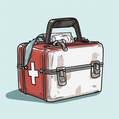generated illustration of red first aid kit with a cross with medicines on a white background.