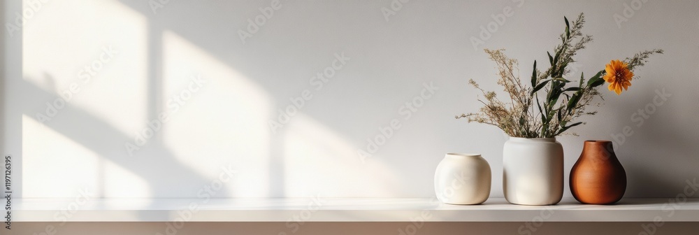Poster decorative vases with flowers on a shelf in a bright room during afternoon light. generative ai