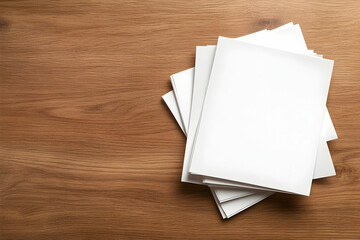 Blank Paper Stack on Wood Background