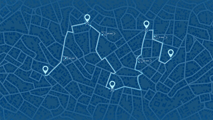 City map featuring directional signs, an intended goal point and multiple markers. An abstract navigation plan highlights POI including city streets, blocks. Vector illustration