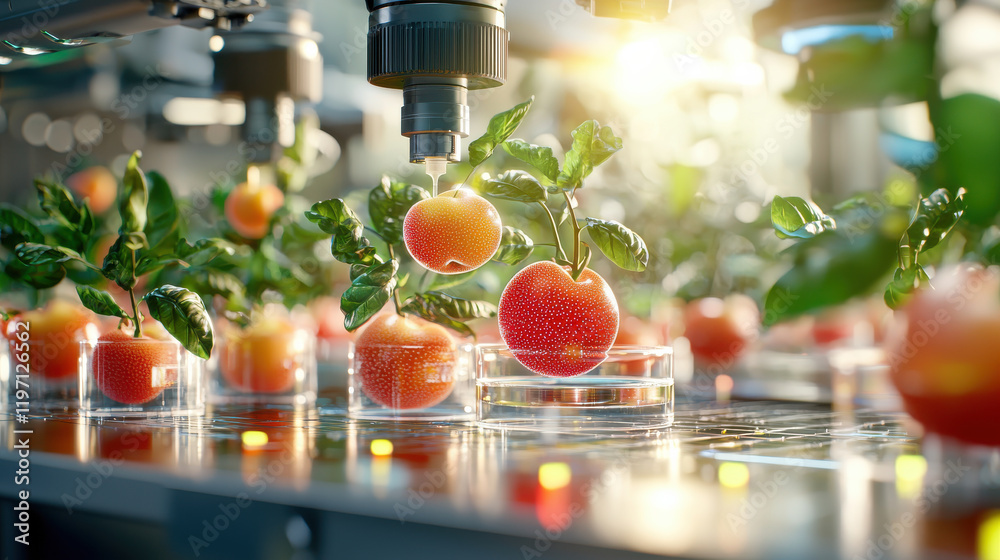 Poster vibrant scene of scientists developing biotechnological innovations with apples in lab. image showca