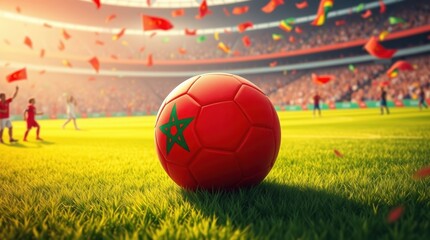 A vibrant red soccer ball adorned with the Moroccan flag  rests on vibrant green grass under a sunny 