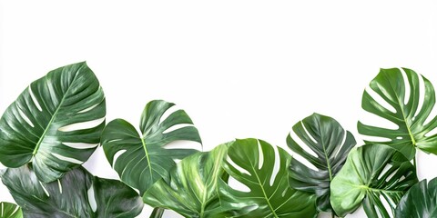 Naklejka premium Lush Green Monstera Leaves on White Background Tropical Foliage Design