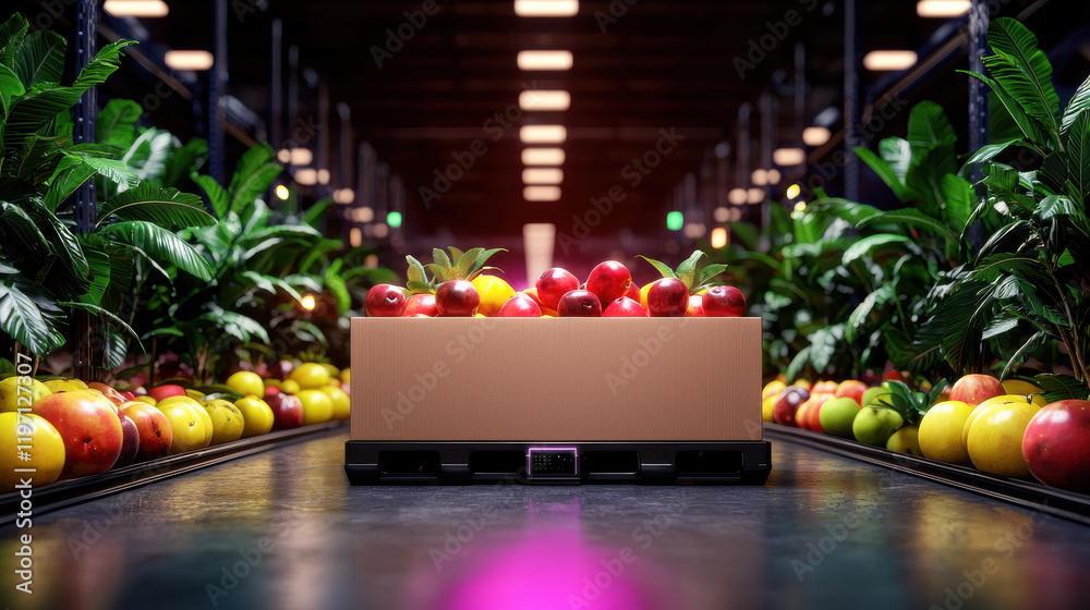 Aufkleber vibrant scene of box filled with fresh apples surrounded by colorful fruits in tech enhanced storage