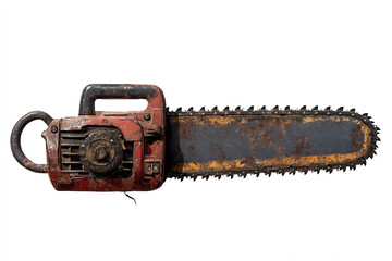 An old, rusty chainsaw with a worn blade, showcasing the wear from years of use in forestry or construction.
