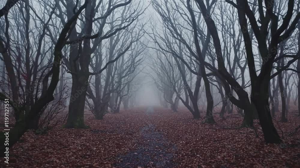 Poster Misty pathway through bare trees invites exploration in a tranquil forest setting