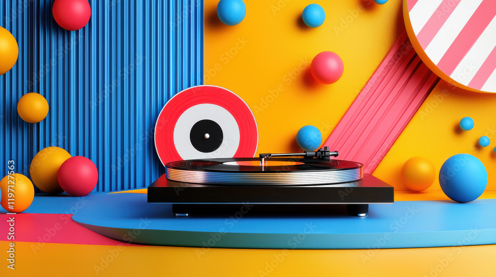 Aufkleber vibrant pop art illustration featuring record player surrounded by colorful geometric shapes. bright