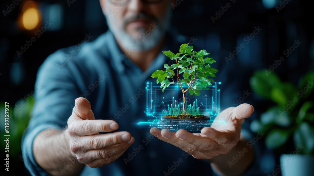 Aufkleber man holds small tree with augmented reality graphics, symbolizing innovation and sustainability. sce