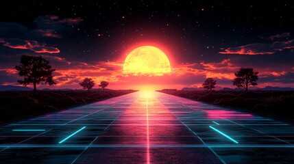 Retro Futuristic Sunset on Neon Road