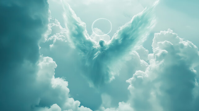 White clouds in the shape of an angel with a halo floating in a serene blue sky