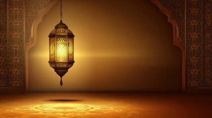 Ornate Lantern Illuminates Islamic Archway: Warm, Golden Artistic Design