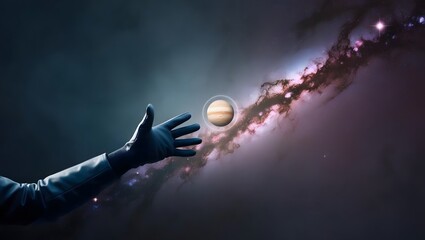 A gloved hand reaches for Jupiter, a cosmic dance against the Milky Way's breathtaking backdrop.