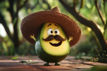 A cartoon avocado wearing a brown sombrero and fake mustache 