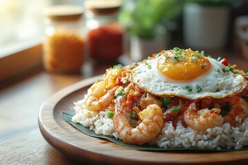 Delicious shrimp fried rice with a perfectly fried egg, garnished with fresh green onions.  A vibrant and appetizing meal, perfect for food blogs or restaurant menus.