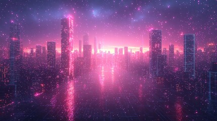 Fototapeta premium Expansive cyberpunk cityscape with neon skyscrapers and futuristic night sky