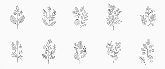A set of outline clip-art branches isolated on white. A collection of twigs with leaves and berries as design elements. AI-generated doodle illustrations
