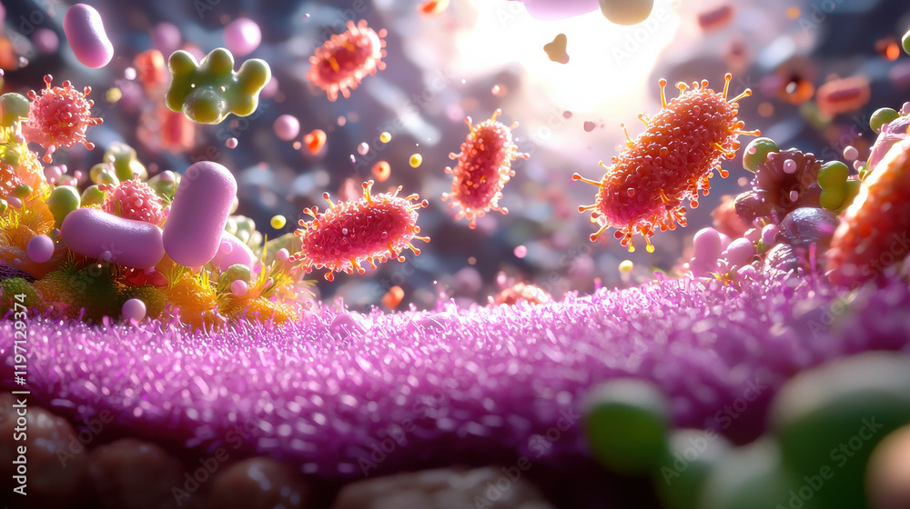 Leinwandbilder vibrant 3D scene depicting microscopic organisms in colorful environment, showcasing bacteria and other microorganisms interacting in dynamic setting