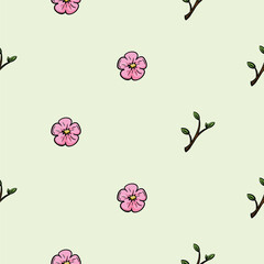 Bright spring seamless pattern with tree branch and pink flowers. Endless vector background for wrapping paper, print, decoration, wall decoration. Repeating hand drawn icons and elements