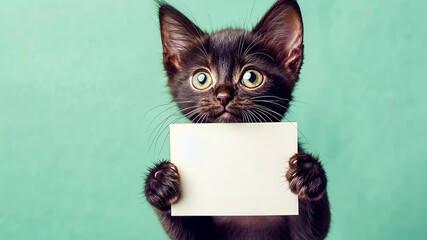Black kitten holding blank card.Small cat positioned green backdrop.Playful infant pet wide eyes.Humorous animal presenting empty sign.Concept adoption advertisement.Feline companion enhancing