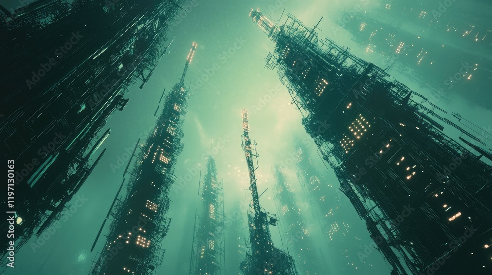 Poster a telephony network of cell towers radiating signals to maintain strong voice communication, symboli