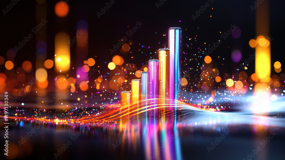 Poster Dynamic bar graph representing market trends with vibrant colors and bokeh effects, showcasing growth and data visualization in modern style