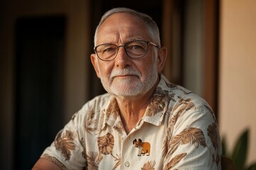 Obraz premium Senior man with glasses wearing a Hawaiian shirt poses warmly in a sunlit room during afternoon hours