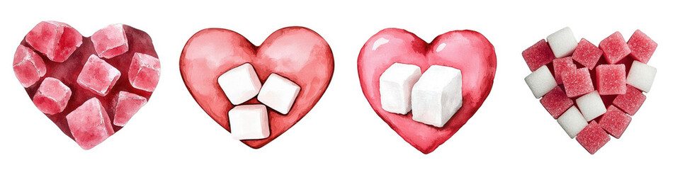 Fototapeta premium Colorful hearts made of sugar cubes, symbolizing love and sweetness, arranged in a playful manner, on white background.