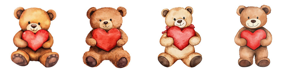 Obraz premium A charming collection of teddy bears holding red hearts, perfect for expressing love and affection, on white background.