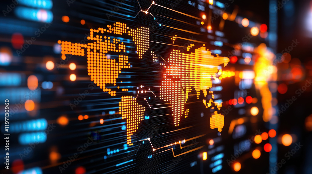 Leinwandbilder digital world map visualization with glowing lines and dots representing economic stability and conn