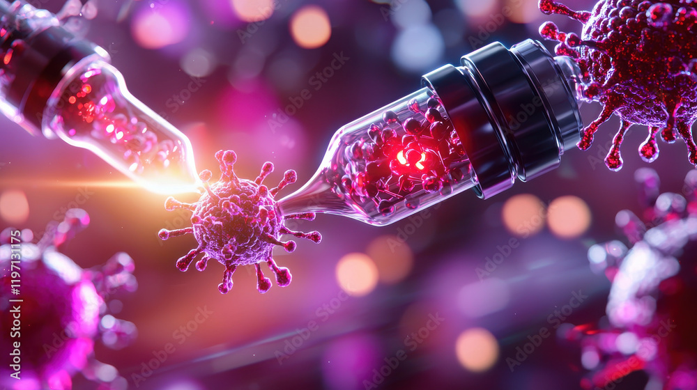 Poster conceptual visualization of nanotechnology interacting with viruses, showcasing syringe injecting nanoparticles into virus. This highlights intersection of biotechnology and advanced medical