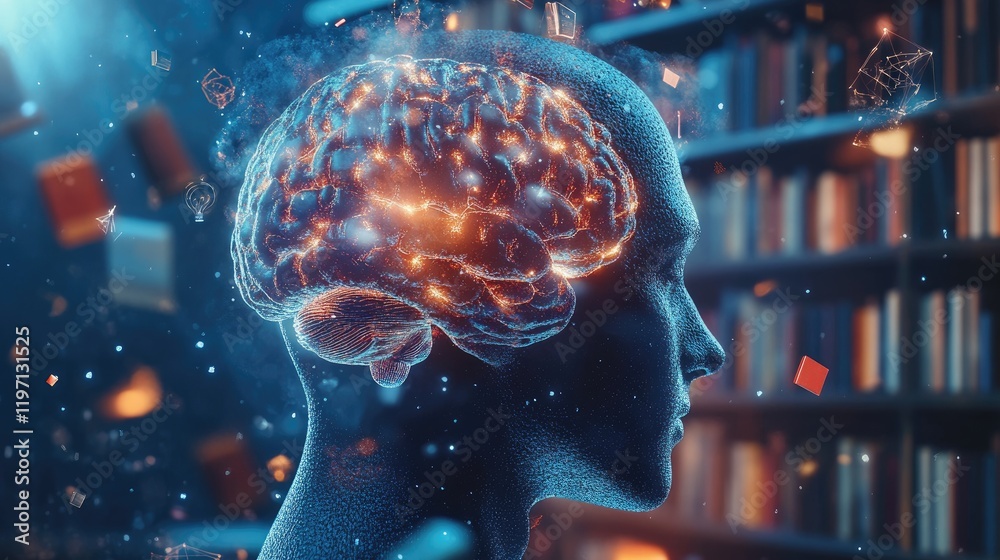 Poster a visual concept of the human mind, filled with books and symbols of creativity, highlighting cognit