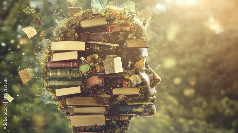 Poster a visual concept of the human mind, filled with books and symbols of creativity, highlighting cognit