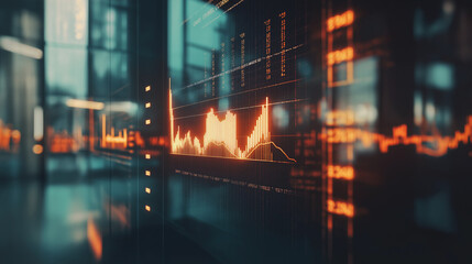 Close-up of digital screen showing labor market graph with job openings and employment rates, office setting with copy space for text overlay.