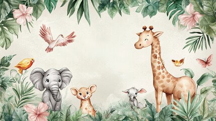 Cartoon zoo animal border in watercolor, ideal for charming background designs.  