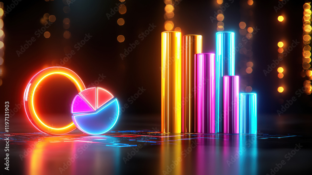 Poster creative depiction of market analysis concepts featuring glowing charts, colorful bar graphs, and pi