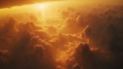 Yellow sunlight cutting through golden clouds at sunset