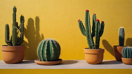 A simple yet striking 4k wallpaper, bold yellow backdrop showcasing a cute cactus in a playful, cartoonish design
