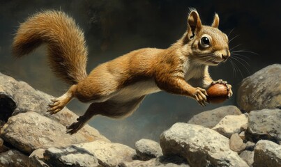 Fototapeta premium Squirrel jumps over rocks holding a nut.