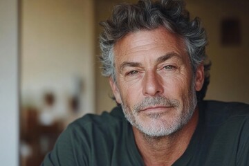 Fototapeta premium Man with curly gray hair and beard reflects in a cozy indoor setting during a calm afternoon