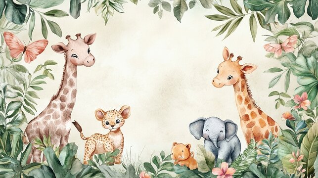 Fototapeta Adorable cartoon animal border in safari theme, watercolor style.  