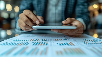 A person using a tablet to analyze data, focusing on business strategies, smart decisions, modern technology, detailed scene, strategic approach